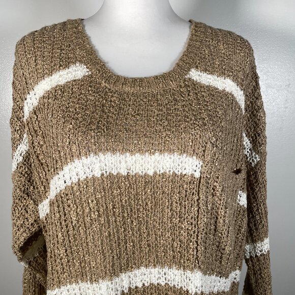Double Zero Brown White Stripes Round Crew Neck Long Sleeve Knit Sweater M - Picture 3 of 14